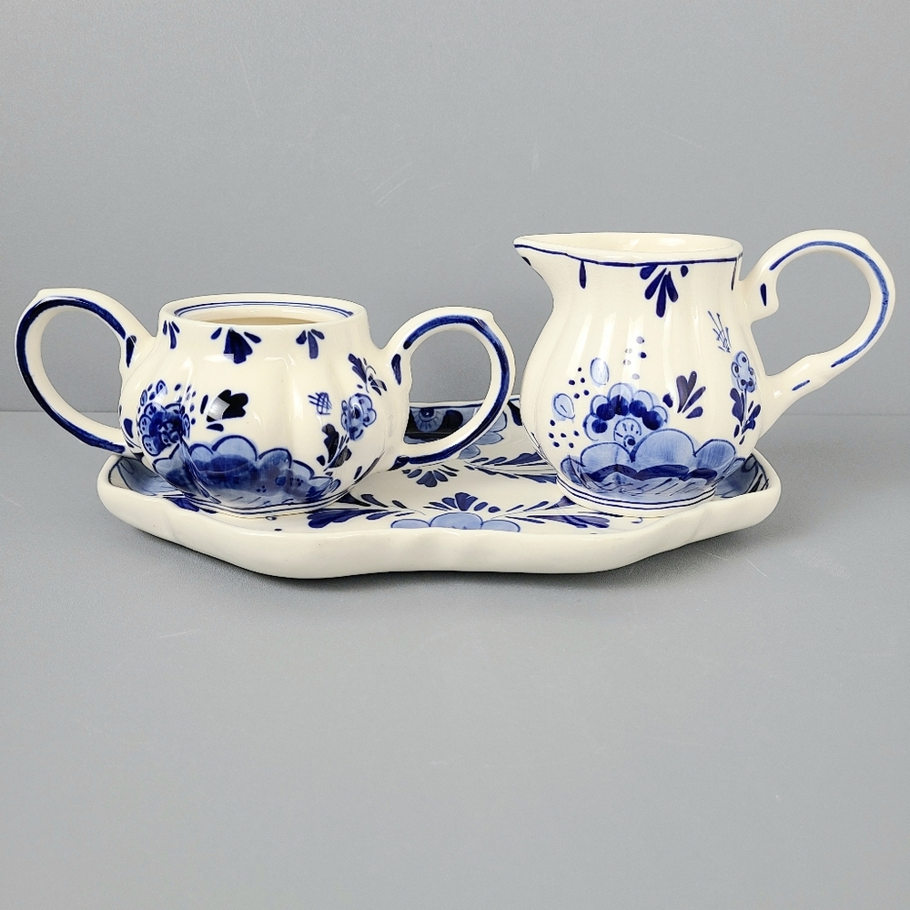 Delftsblauw Blue White Handpainted Vintage Creamer Sugar Tray Set